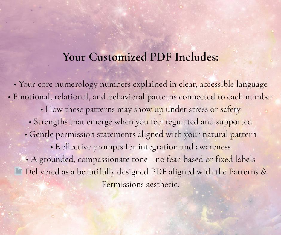 Custom Numerology Reading | Patterns & Permissions Code. Personalized Insight PDF. Self-Awareness and Life Path Guide.
